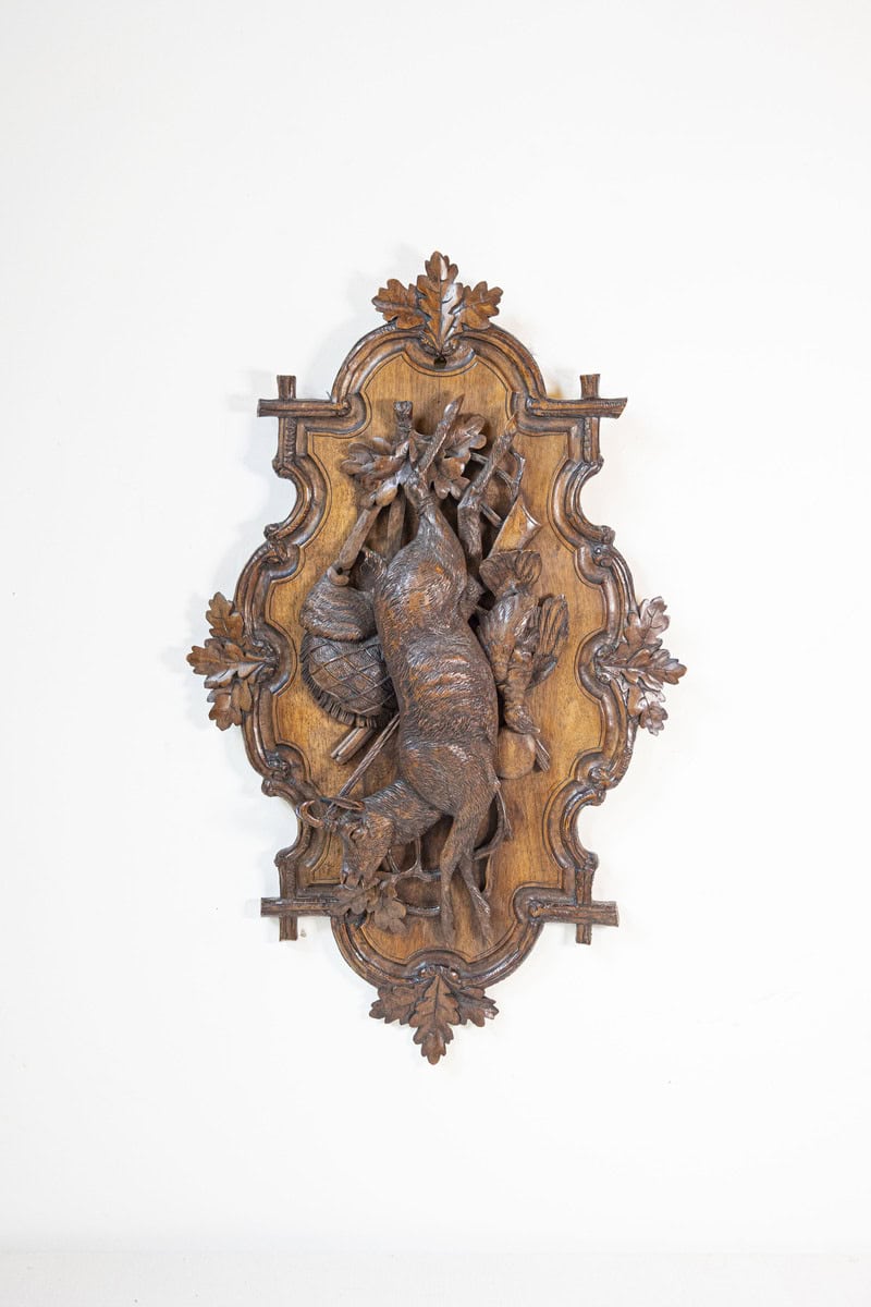 Black Forest Period 19th Century German Oak Wall Carving with Hunting Trophy - JAA