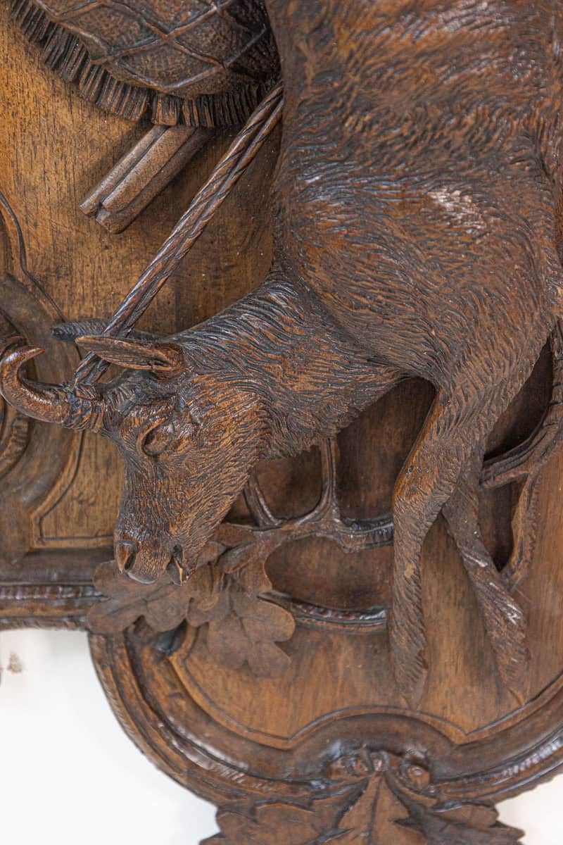 Black Forest Period 19th Century German Oak Wall Carving with Hunting Trophy - JAA