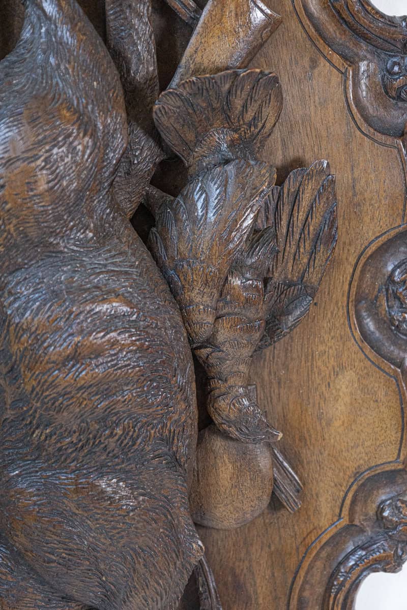 Black Forest Period 19th Century German Oak Wall Carving with Hunting Trophy - JAA