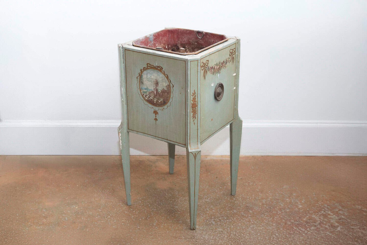 French 1890s Painted Wood Planter with Landscapes in Ribbon-Tied Medallions - JAA