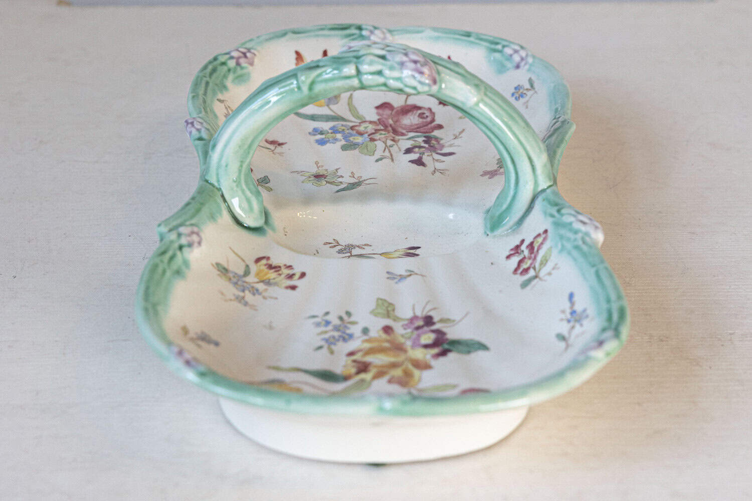 French 19th Century Longchamp Majolica Asparagus Server with Floral Decor - JAA