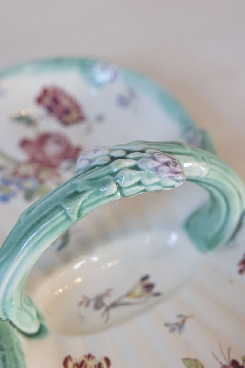French 19th Century Longchamp Majolica Asparagus Server with Floral Decor - JAA