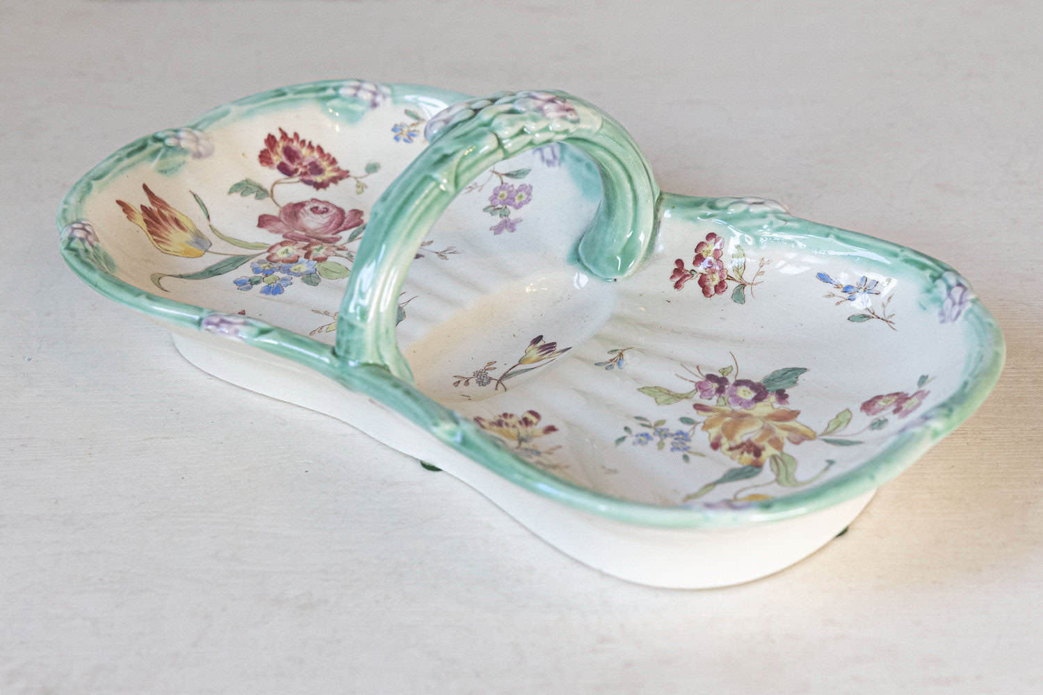 French 19th Century Longchamp Majolica Asparagus Server with Floral Decor - JAA