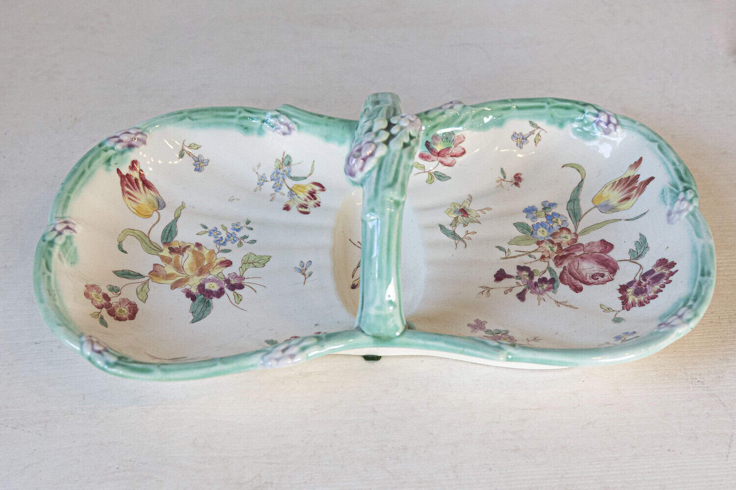 French 19th Century Longchamp Majolica Asparagus Server with Floral Decor - JAA