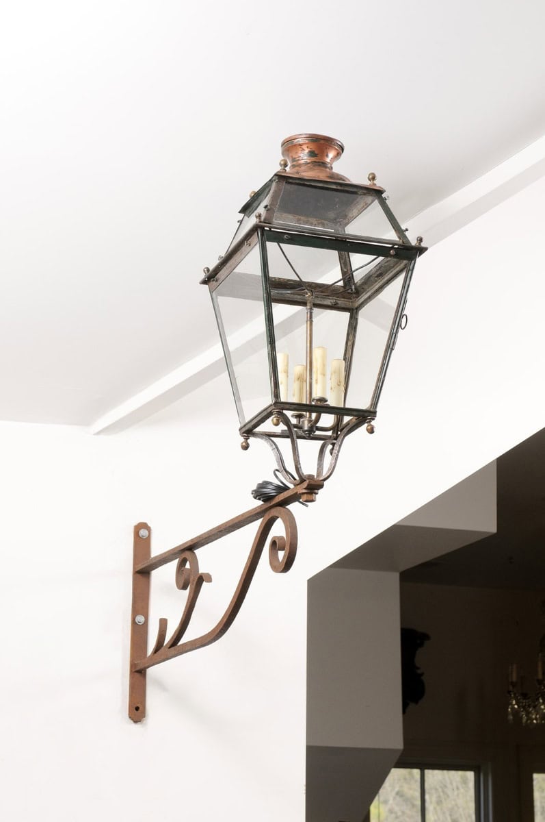 French 1890s Iron and Copper Wall Lantern with Four Lights and Scrolling Bracket - JAA