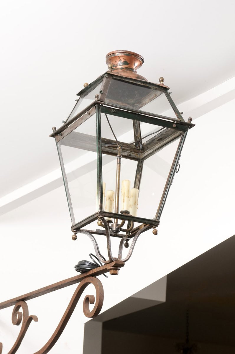 French 1890s Iron and Copper Wall Lantern with Four Lights and Scrolling Bracket - JAA