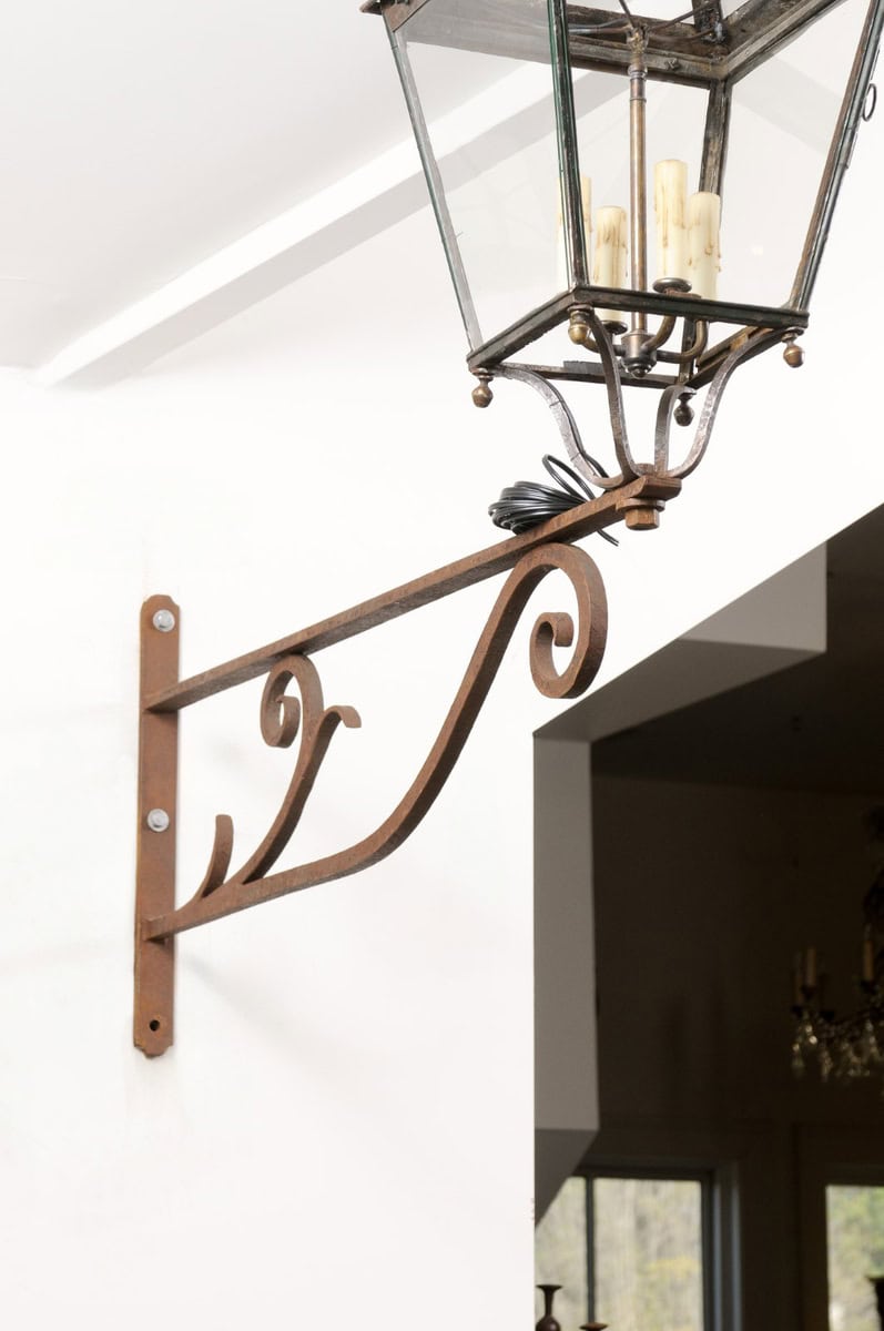 French 1890s Iron and Copper Wall Lantern with Four Lights and Scrolling Bracket - JAA