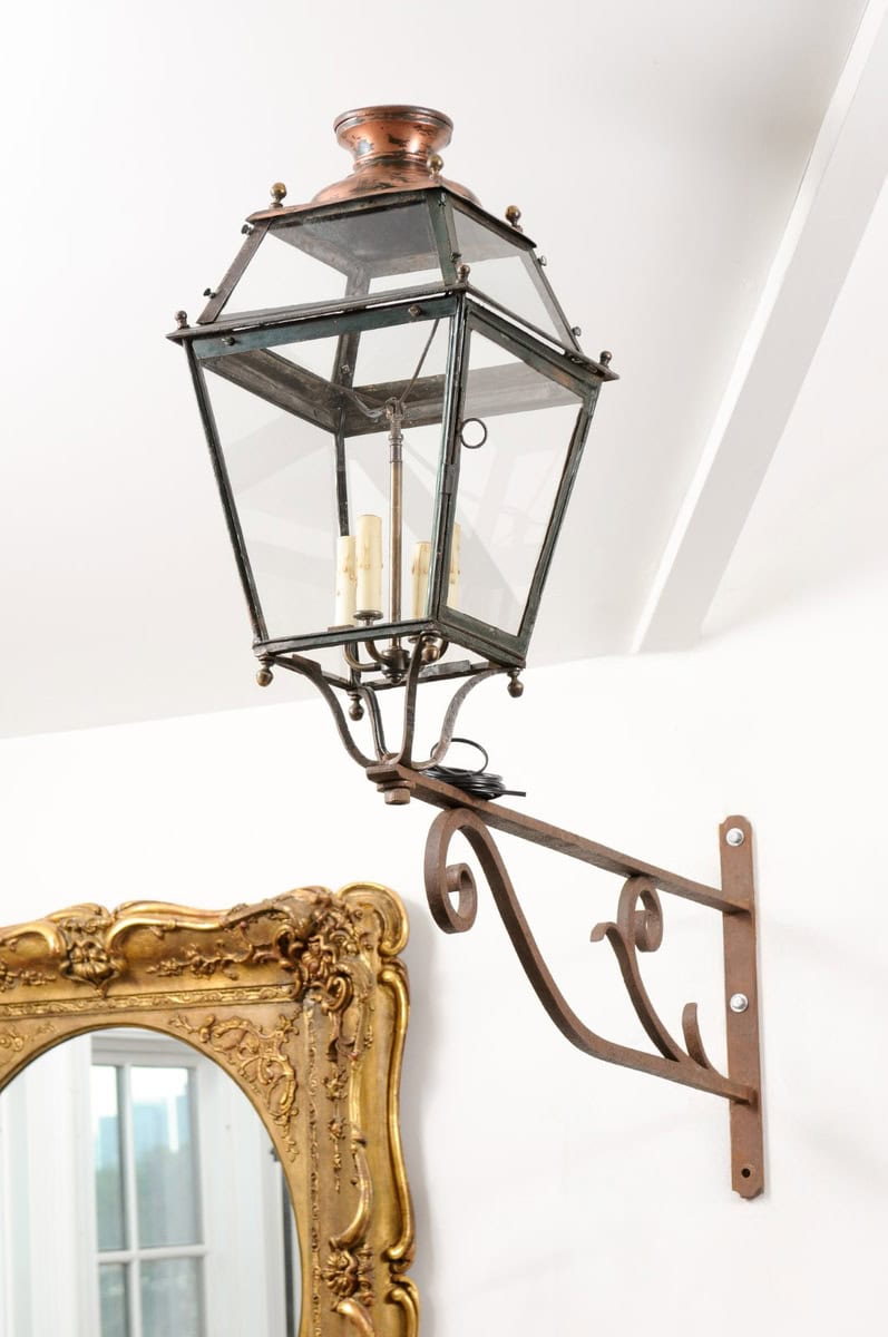 French 1890s Iron and Copper Wall Lantern with Four Lights and Scrolling Bracket - JAA