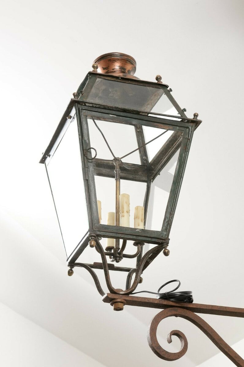 French 1890s Iron and Copper Wall Lantern with Four Lights and Scrolling Bracket - JAA