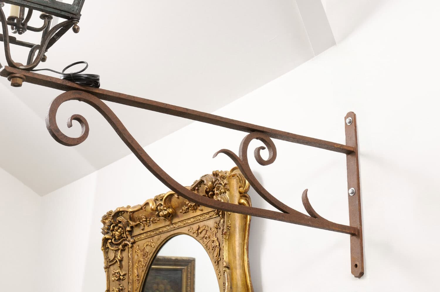 French 1890s Iron and Copper Wall Lantern with Four Lights and Scrolling Bracket - JAA