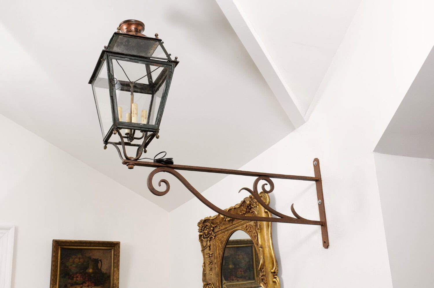 French 1890s Iron and Copper Wall Lantern with Four Lights and Scrolling Bracket - JAA