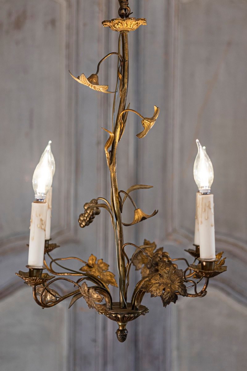 French Maison Charles Inspired Gilt Metal Four-Light Chandelier with Flowers - JAA