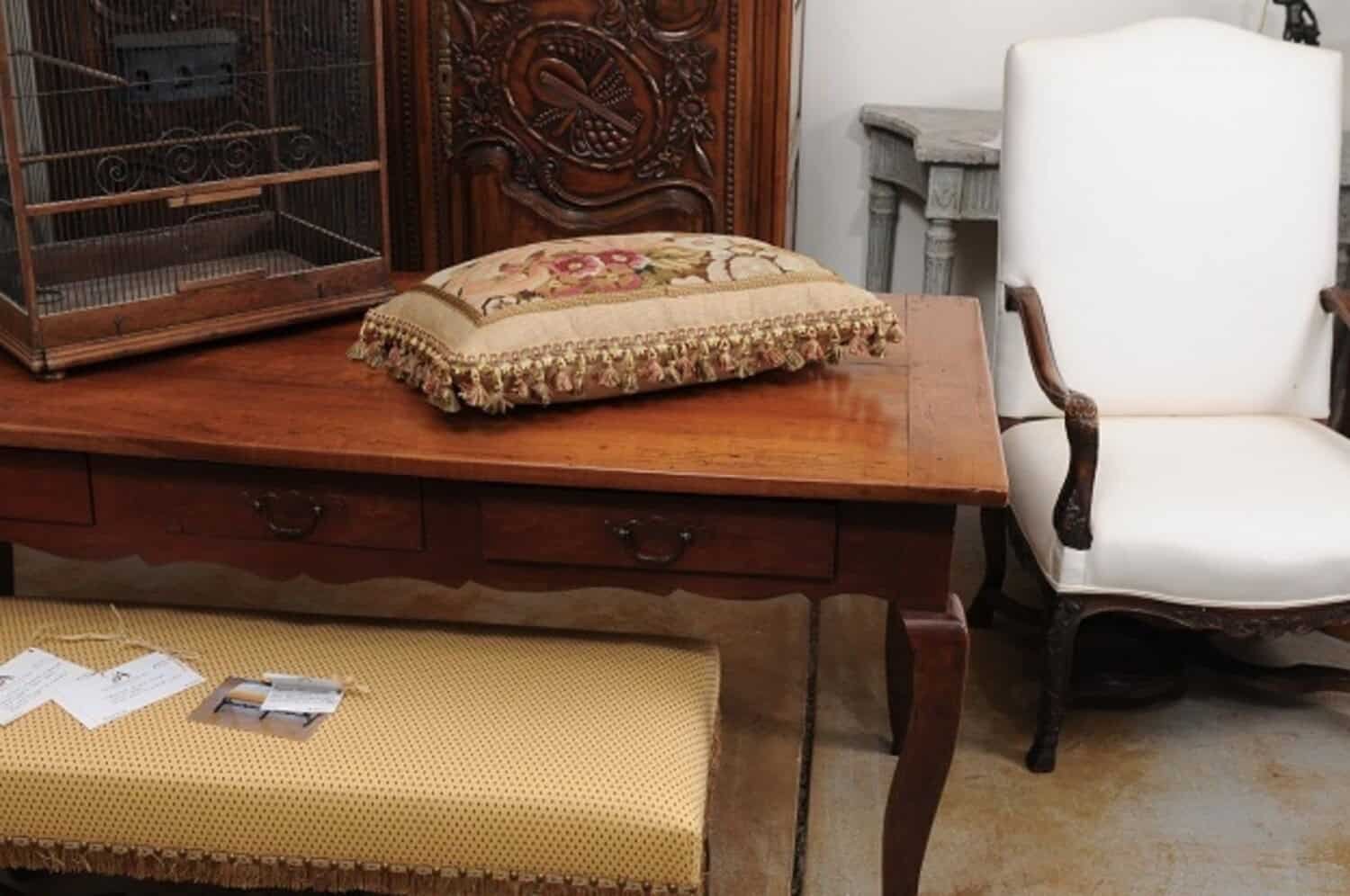 Pillow Made from a 19th Century French Tapestry with Floral Décor and Tassels - JAA