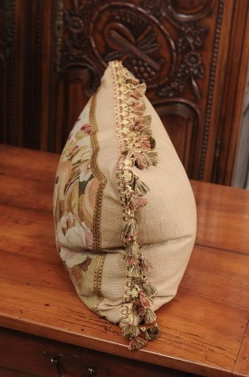 Pillow Made from a 19th Century French Tapestry with Floral Décor and Tassels - JAA