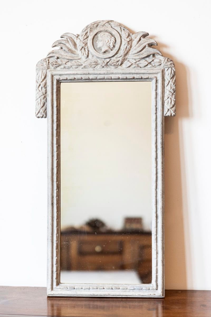 Danish 1800s Gustavian Gray Painted Wood Mirror with Medallion Carved Crest - JAA