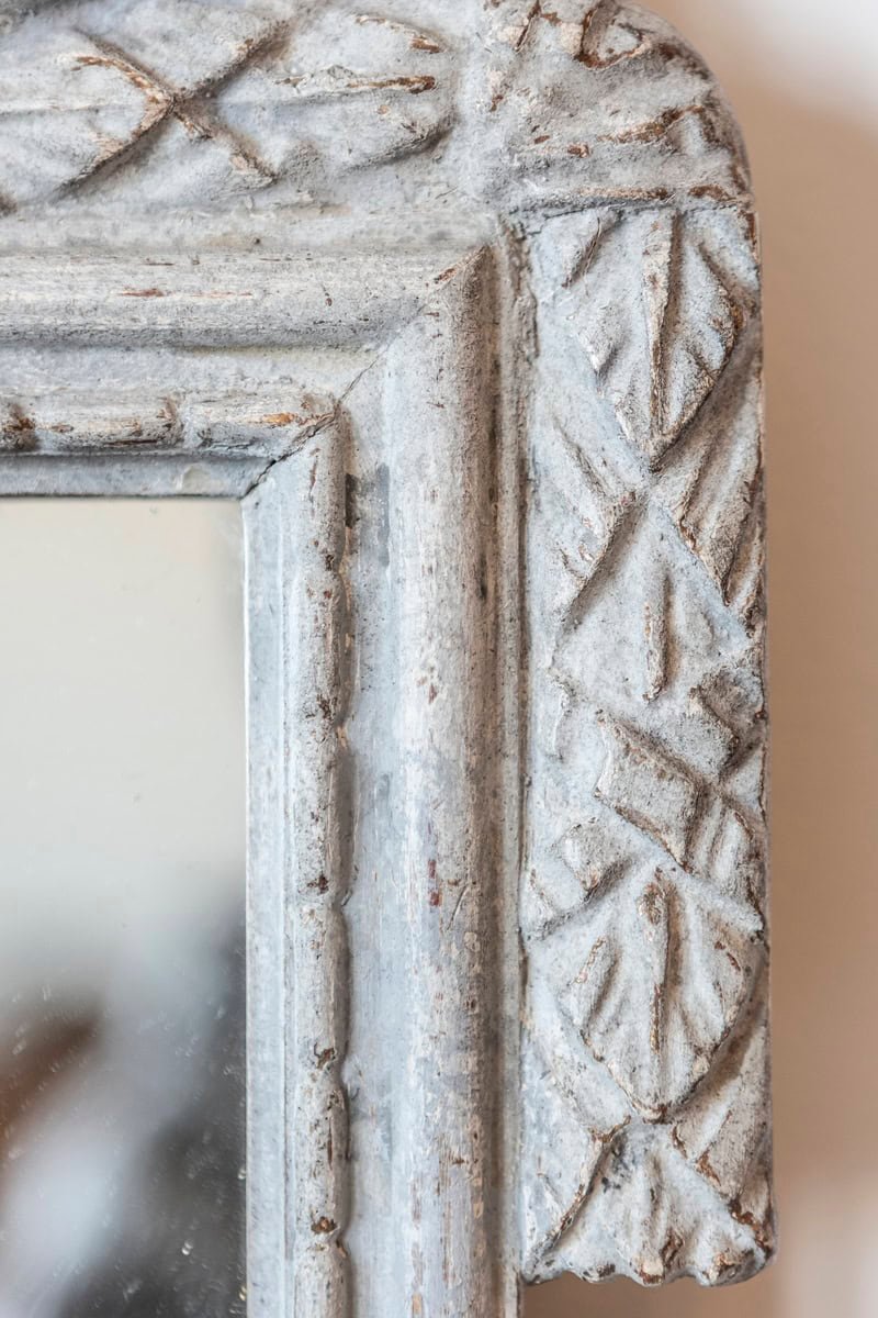 Danish 1800s Gustavian Gray Painted Wood Mirror with Medallion Carved Crest - JAA