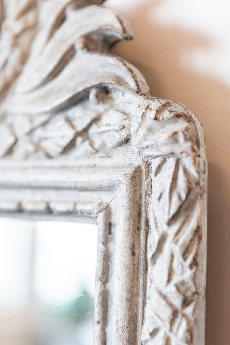 Danish 1800s Gustavian Gray Painted Wood Mirror with Medallion Carved Crest - JAA