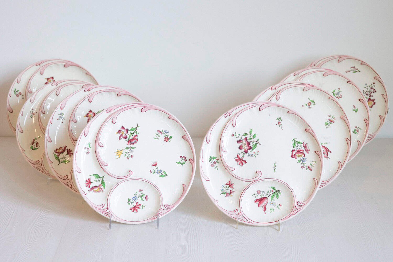French 19th Century Sarreguemines Majolica Asparagus Plates with Pink Flowers - JAA