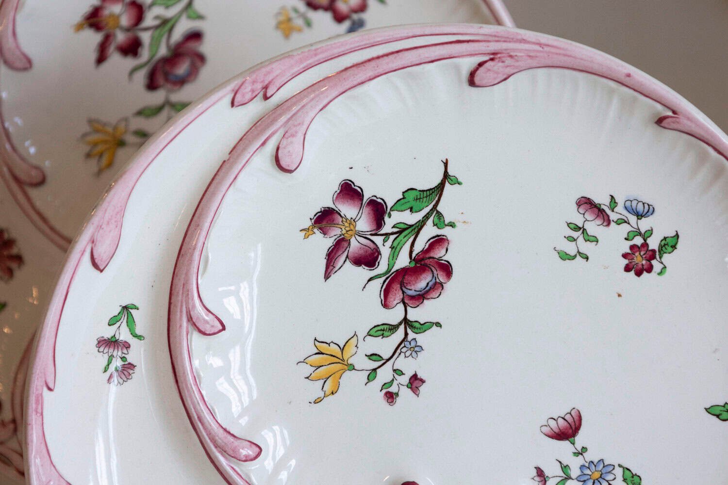 French 19th Century Sarreguemines Majolica Asparagus Plates with Pink Flowers - JAA
