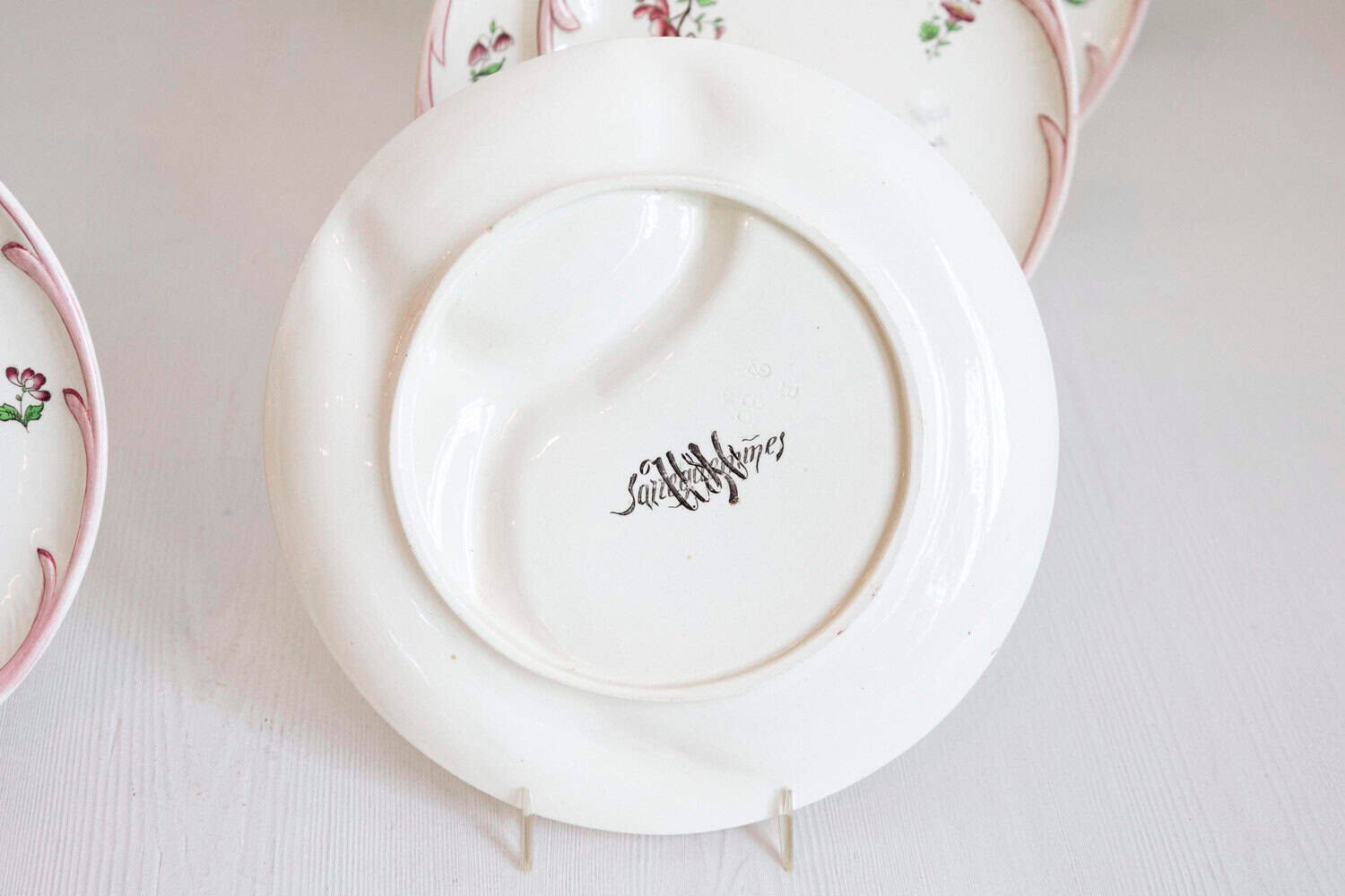 French 19th Century Sarreguemines Majolica Asparagus Plates with Pink Flowers - JAA