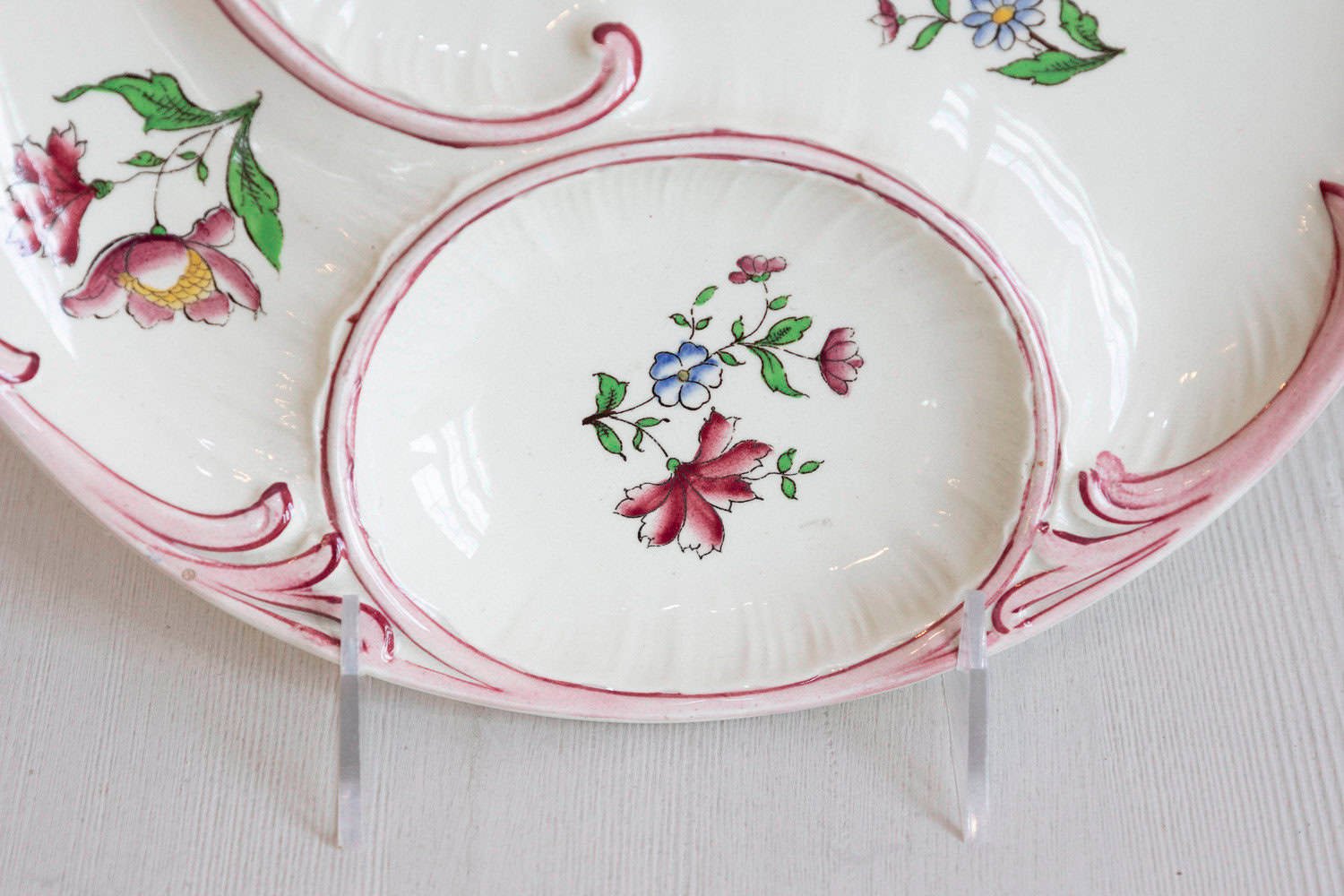 French 19th Century Sarreguemines Majolica Asparagus Plates with Pink Flowers - JAA