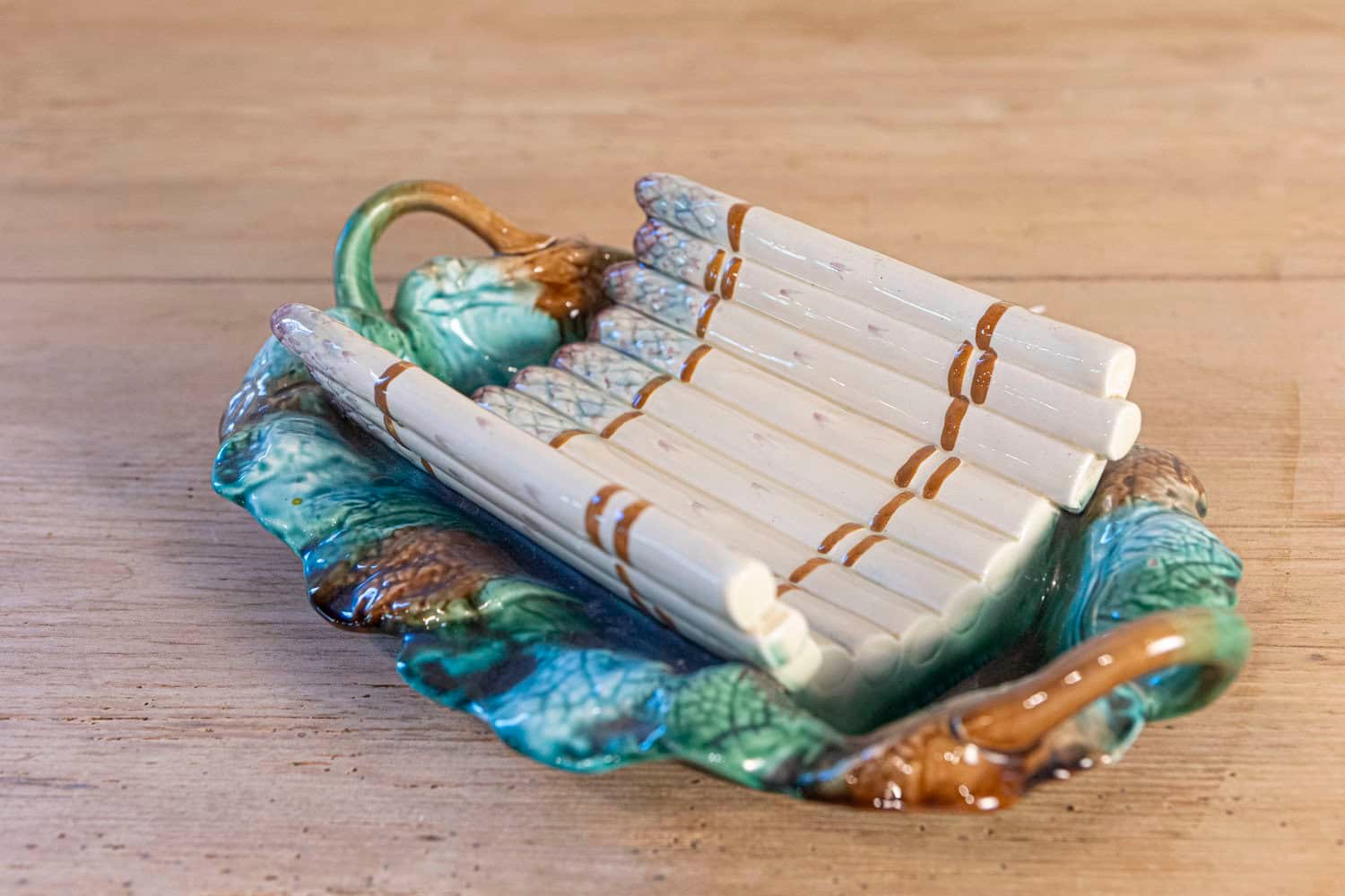 French 19th Century Longchamp Majolica Asparagus Server with Foliage Platter - JAA