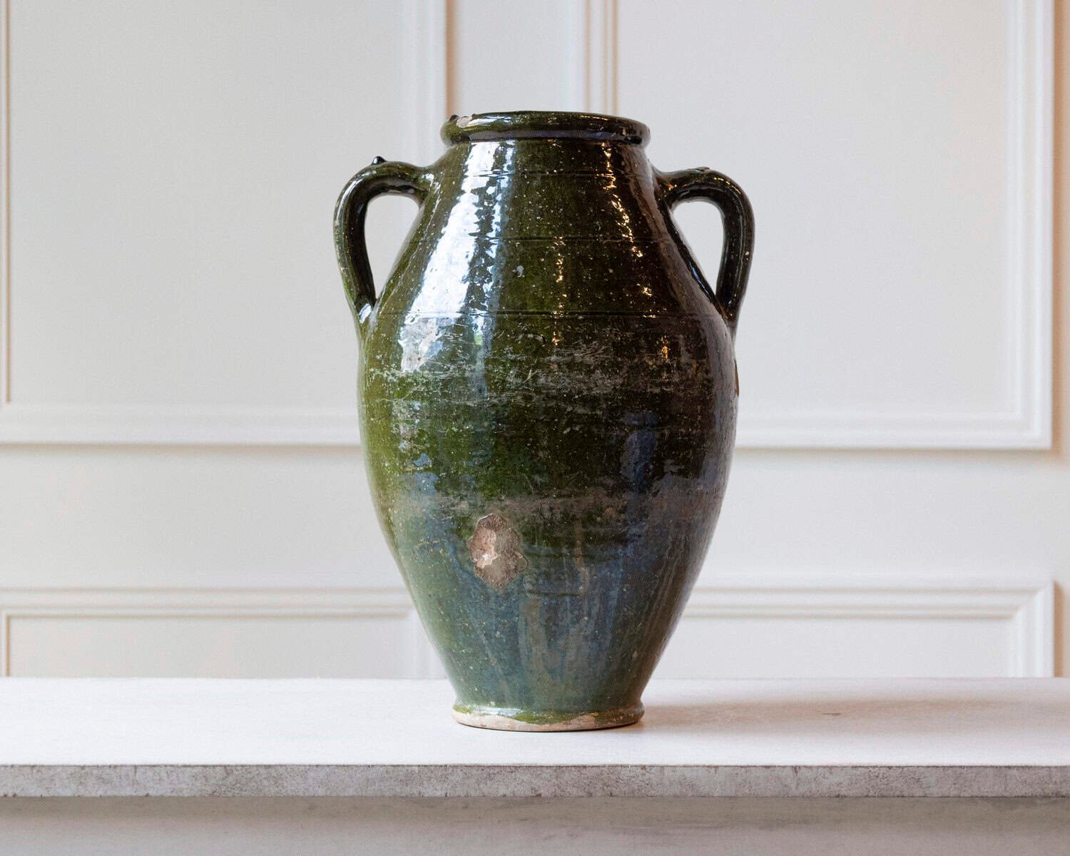 19th Century Mediterranean Olive Green Terracotta Jar with Double Handles - JAA