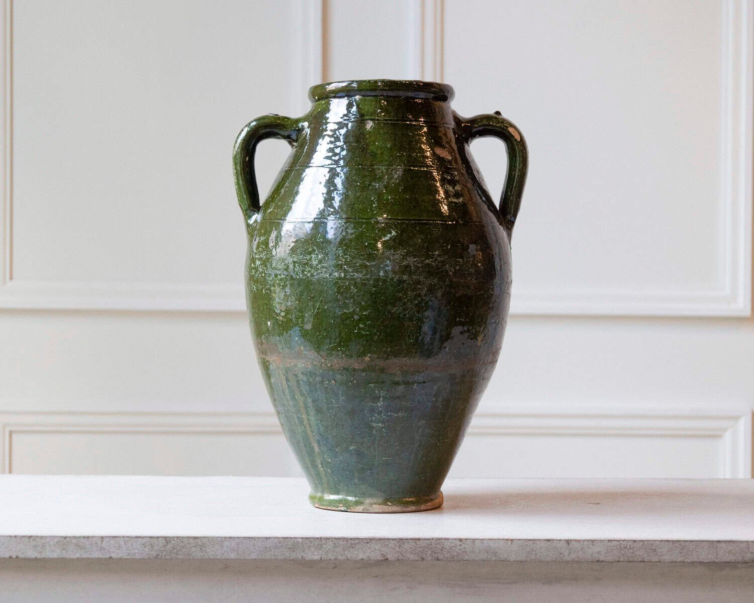 19th Century Mediterranean Olive Green Terracotta Jar with Double Handles - JAA