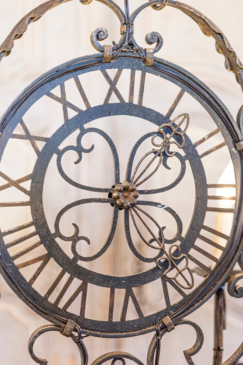 French Wrought Iron Six-Light Clock Face Chandelier with Scrolling Arms - JAA