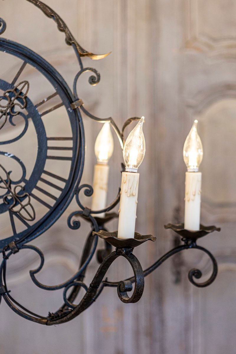 French Wrought Iron Six-Light Clock Face Chandelier with Scrolling Arms - JAA