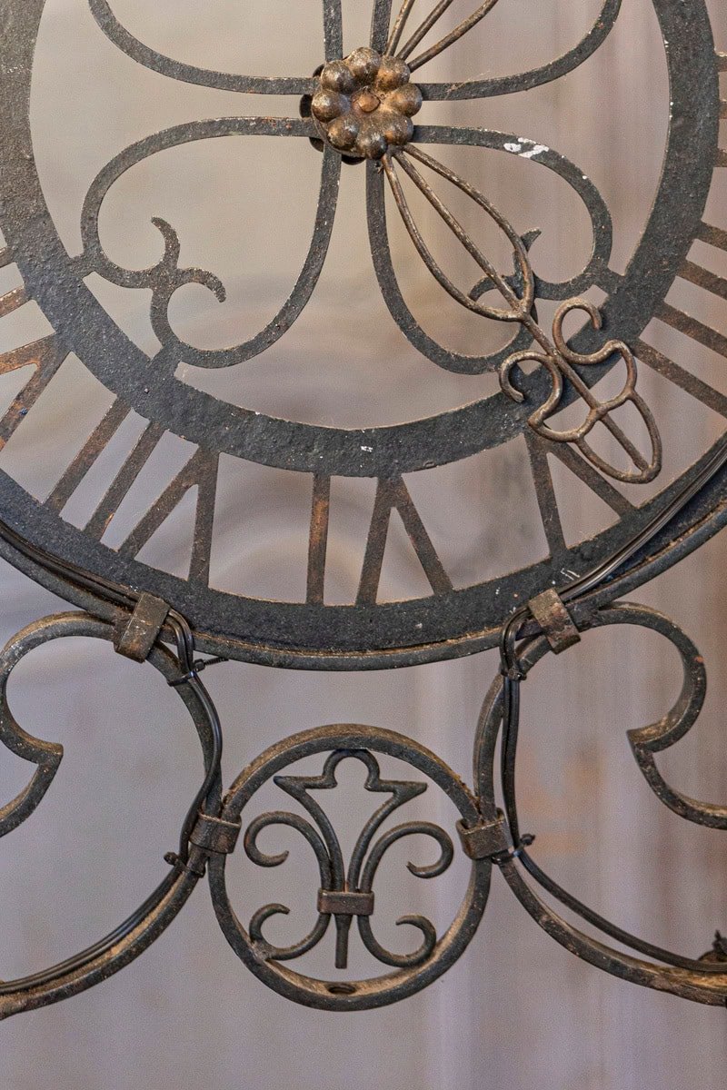 French Wrought Iron Six-Light Clock Face Chandelier with Scrolling Arms - JAA