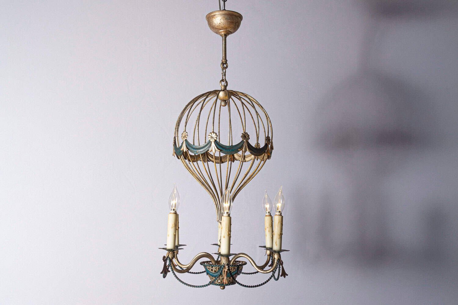 20th Century French Gilt Iron and Painted Tôle Balloon Chandelier - JAA
