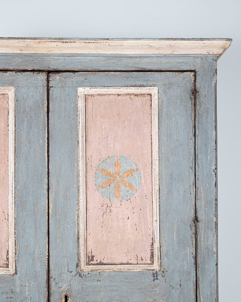 Rare Italian Painted Chestnut Cabinet in Light Blue and Pink, 19th Century - JAA