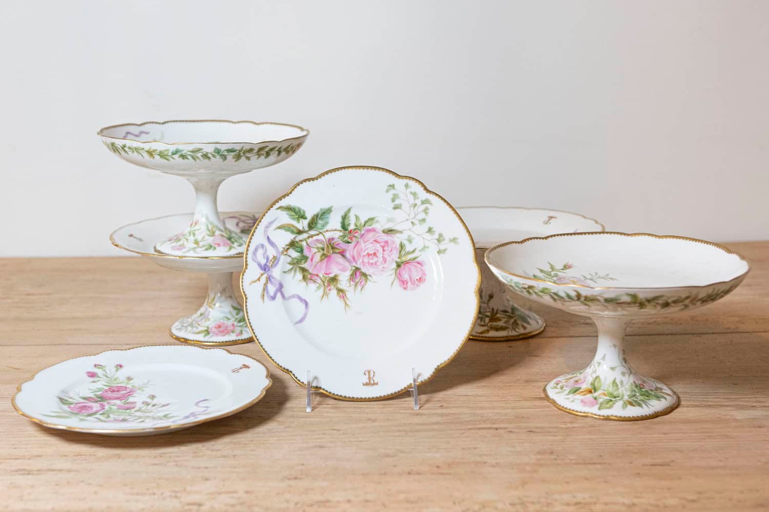 English Porcelain Compote with Pink Flowers, Purple Ribbons and Gilt Trim - JAA