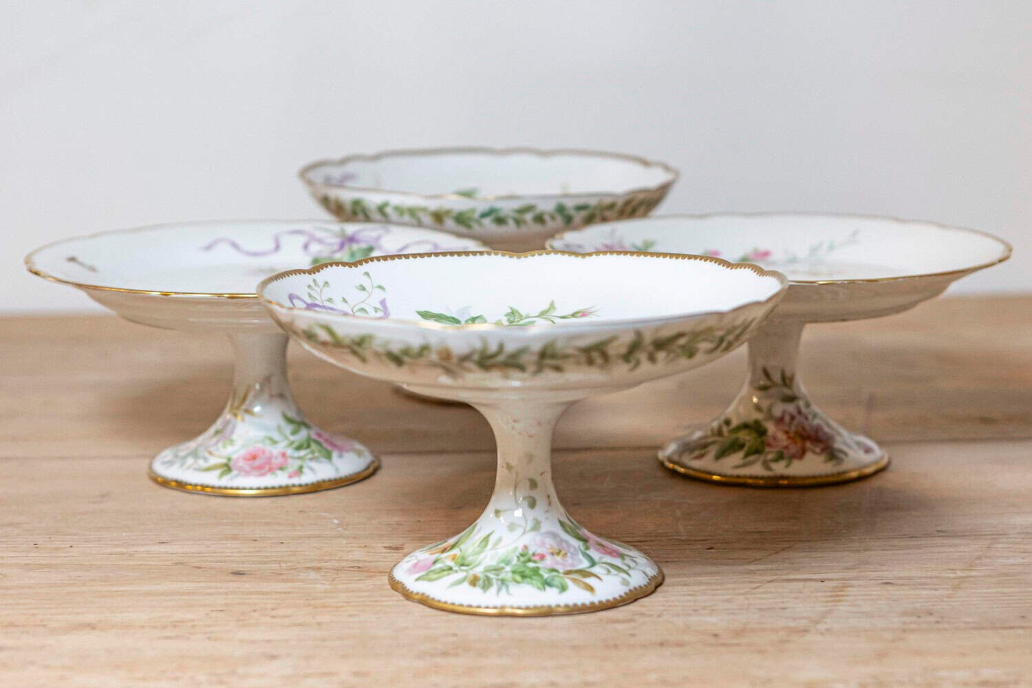 English Porcelain Compote with Pink Flowers, Purple Ribbons and Gilt Trim - JAA