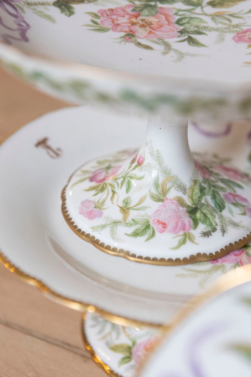 English Porcelain Compote with Pink Flowers, Purple Ribbons and Gilt Trim - JAA