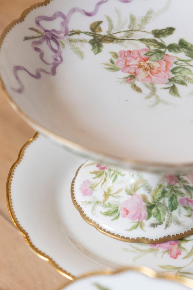 English Porcelain Compote with Pink Flowers, Purple Ribbons and Gilt Trim - JAA