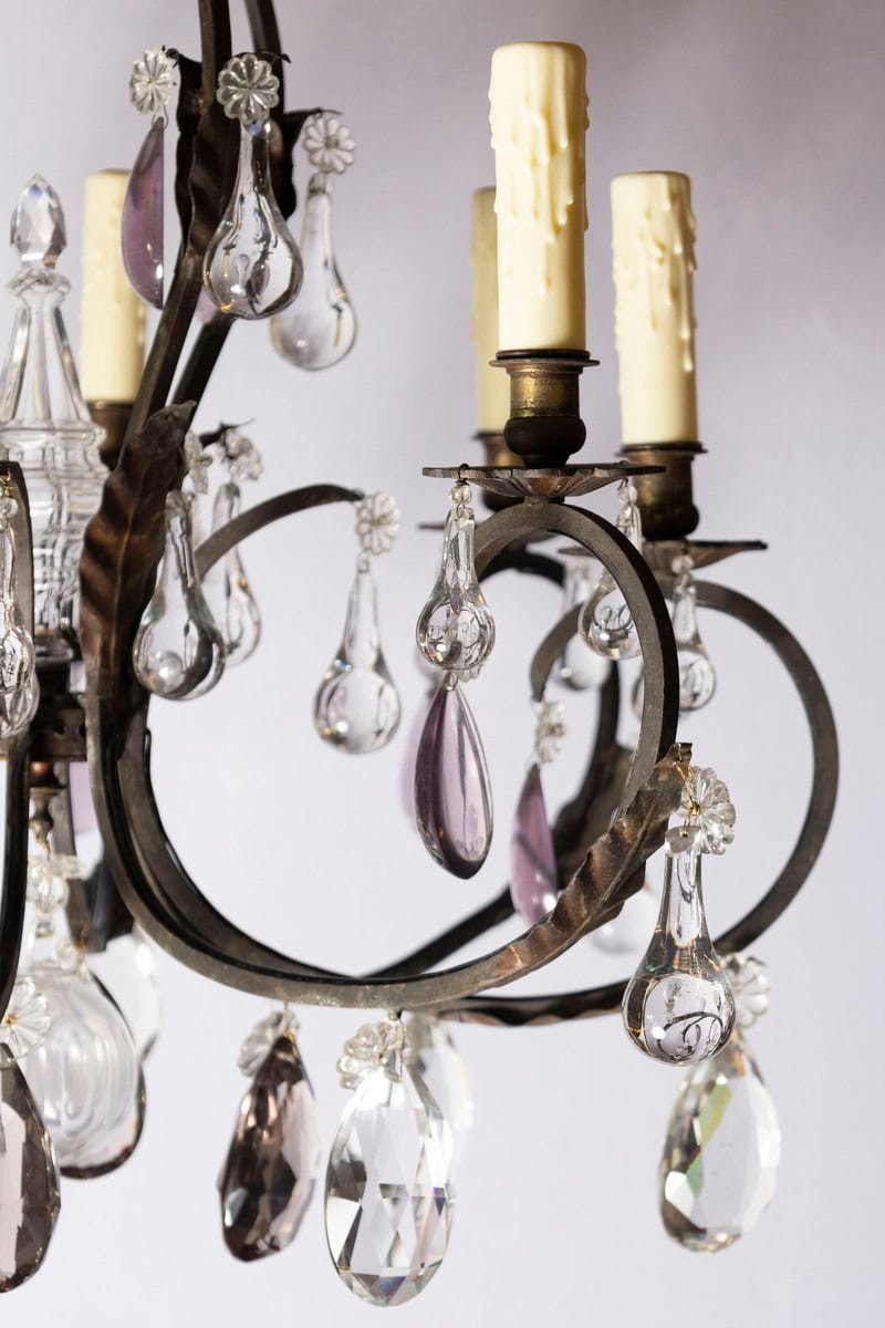Early 20th Century Iron and Crystal Chandelier with Amethyst Drops - JAA