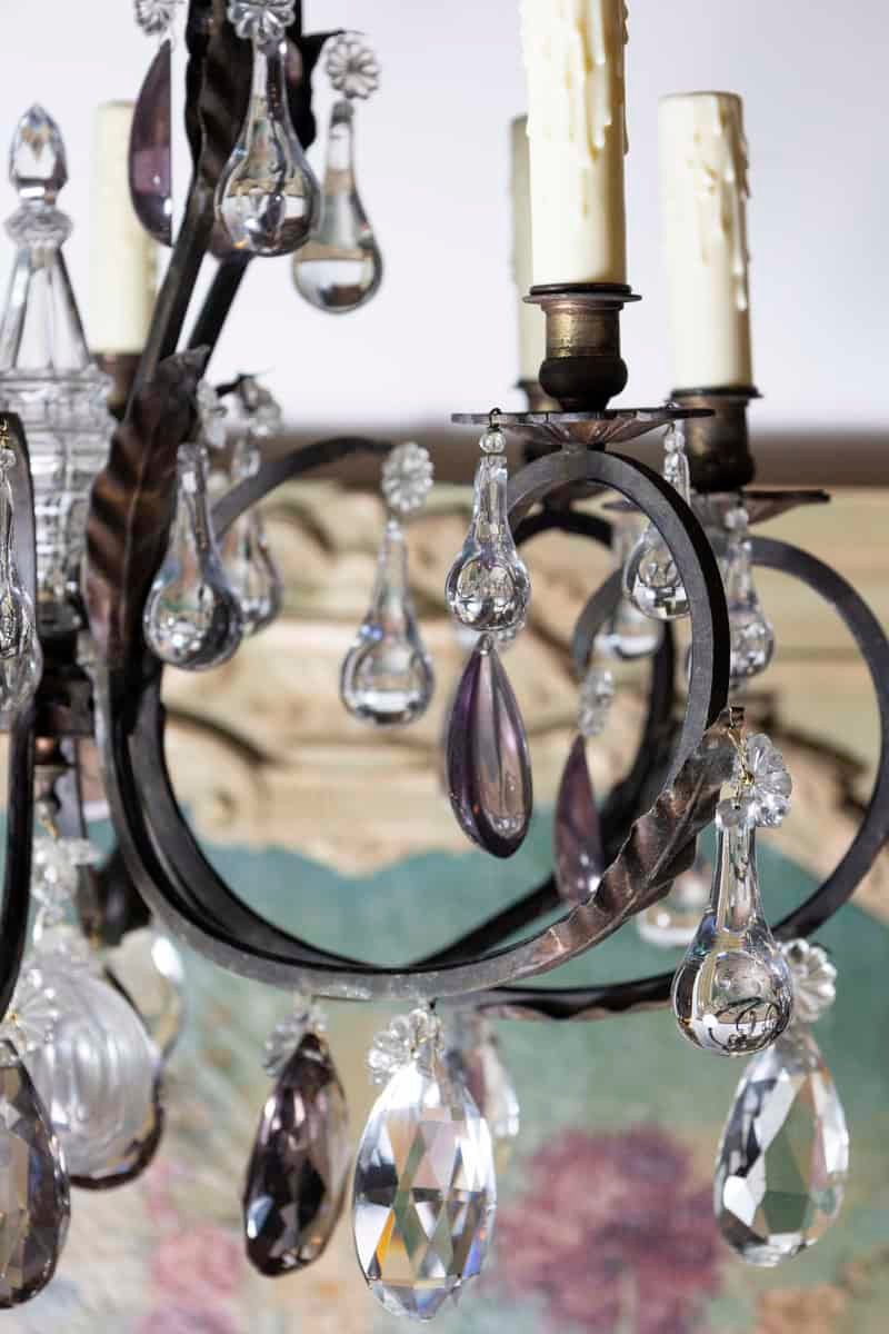 Early 20th Century Iron and Crystal Chandelier with Amethyst Drops - JAA