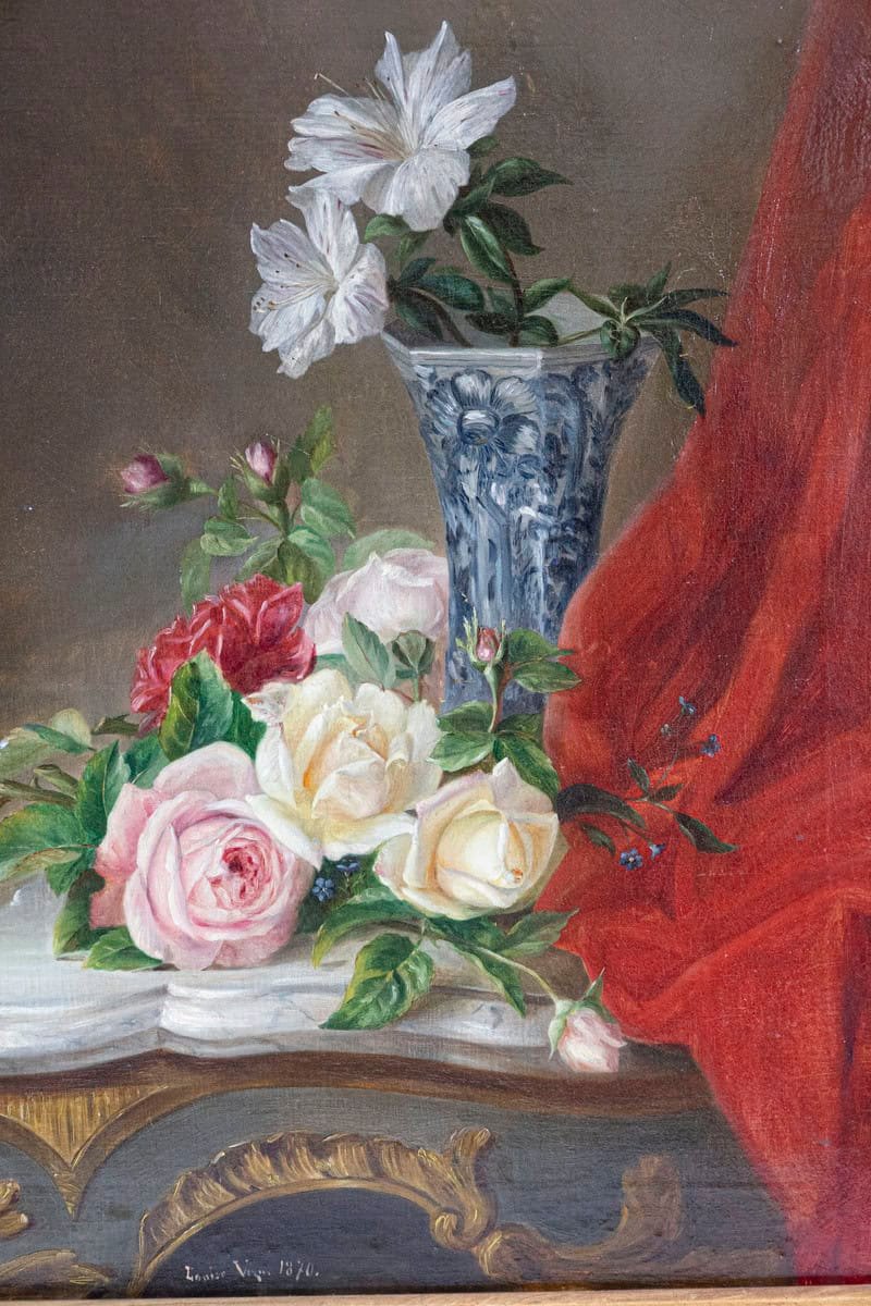 French 19th Century Gilt Frame Oil Painting Depicting Flowers on a Rococo Table - JAA