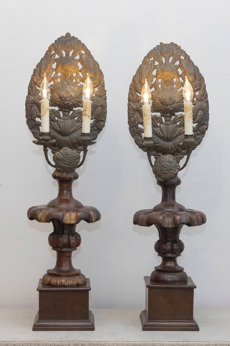 Pair of 19th-Century Italian Carved Wood and Gilt Candlesticks with Floral Motif - JAA