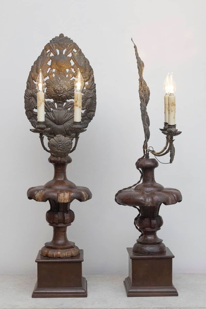 Pair of 19th-Century Italian Carved Wood and Gilt Candlesticks with Floral Motif - JAA
