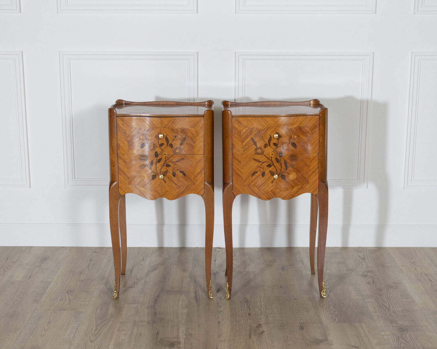 Pair of Louis XV Style Marquetry Bedside Tables with Floral Inlay - JAA