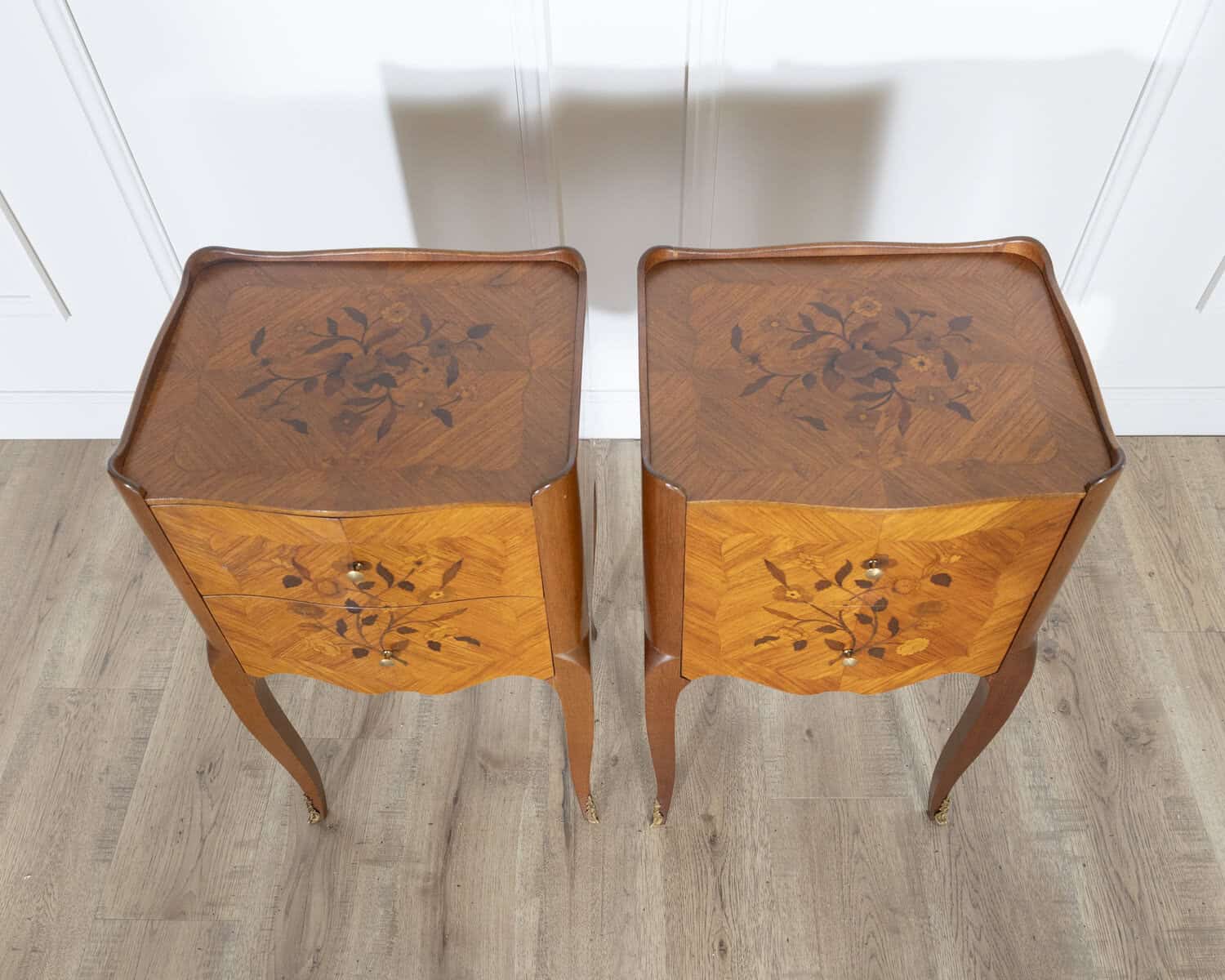 Pair of Louis XV Style Marquetry Bedside Tables with Floral Inlay - JAA