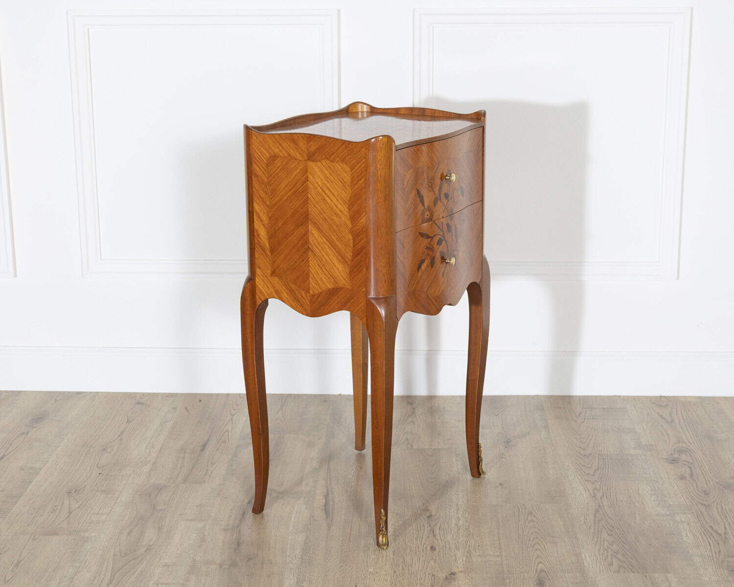 Pair of Louis XV Style Marquetry Bedside Tables with Floral Inlay - JAA
