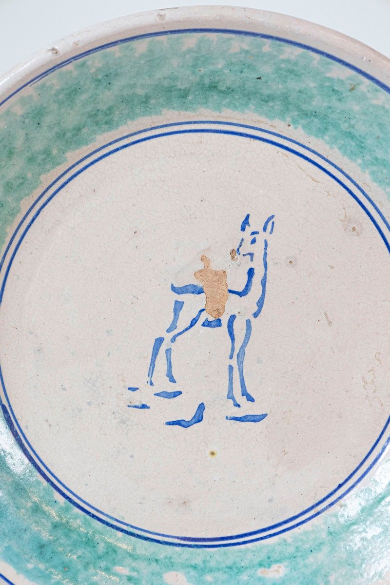Northern Italian 1910s Pottery Platter with Blue Deer Motif and Weathered Patina - JAA