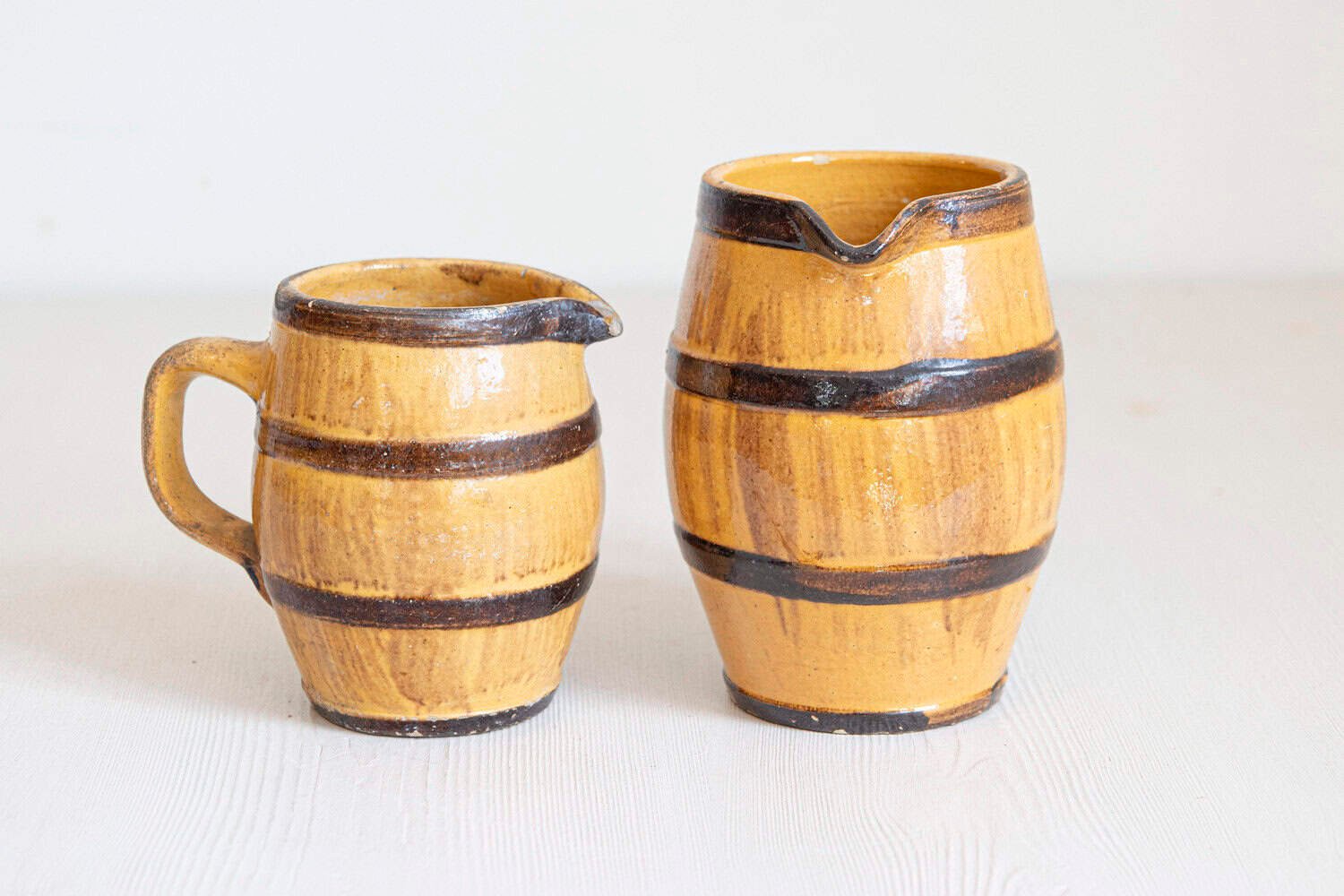 Two Rustic French 19th Century Pottery Pitchers with Yellow and Brown Glaze - JAA