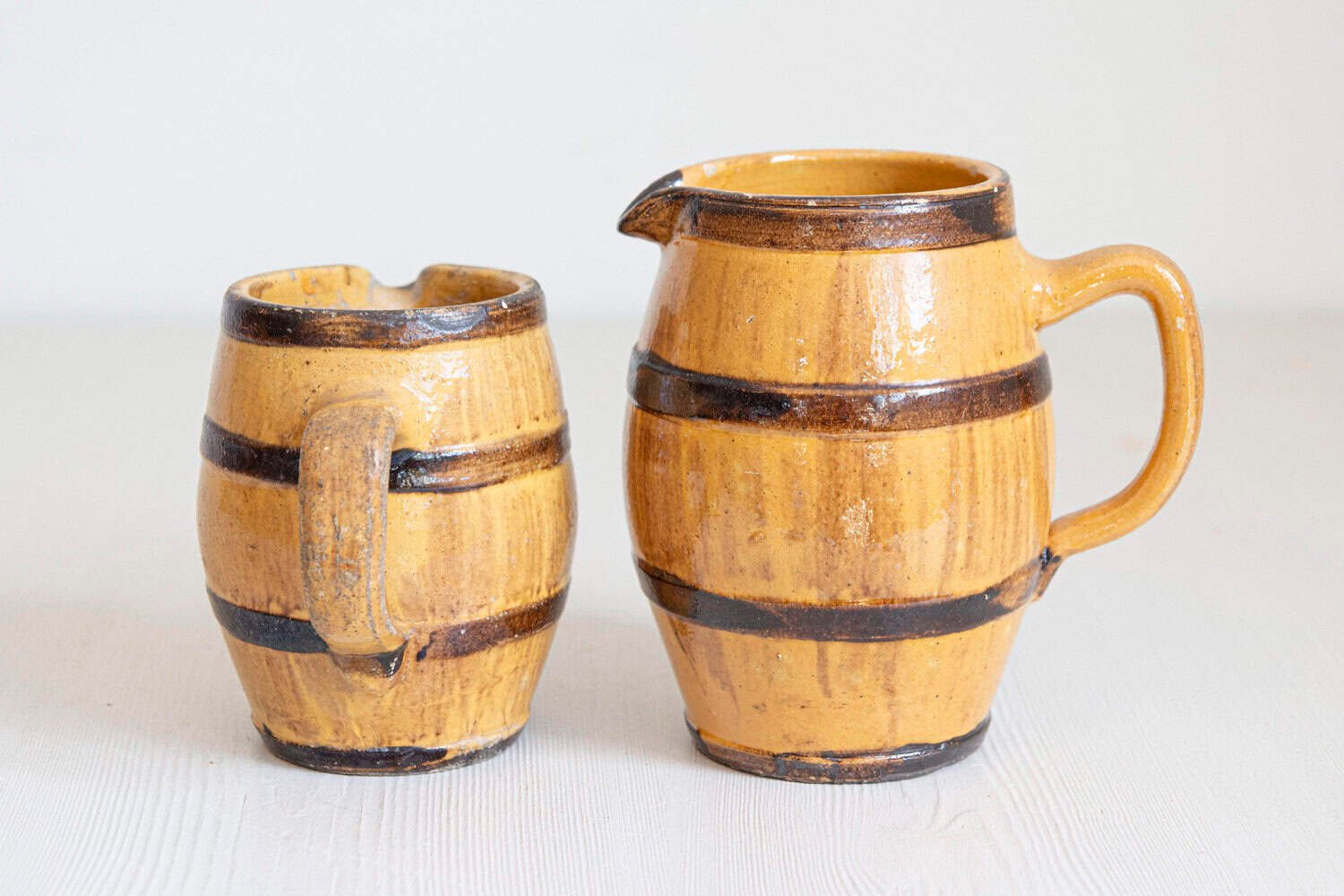 Two Rustic French 19th Century Pottery Pitchers with Yellow and Brown Glaze - JAA