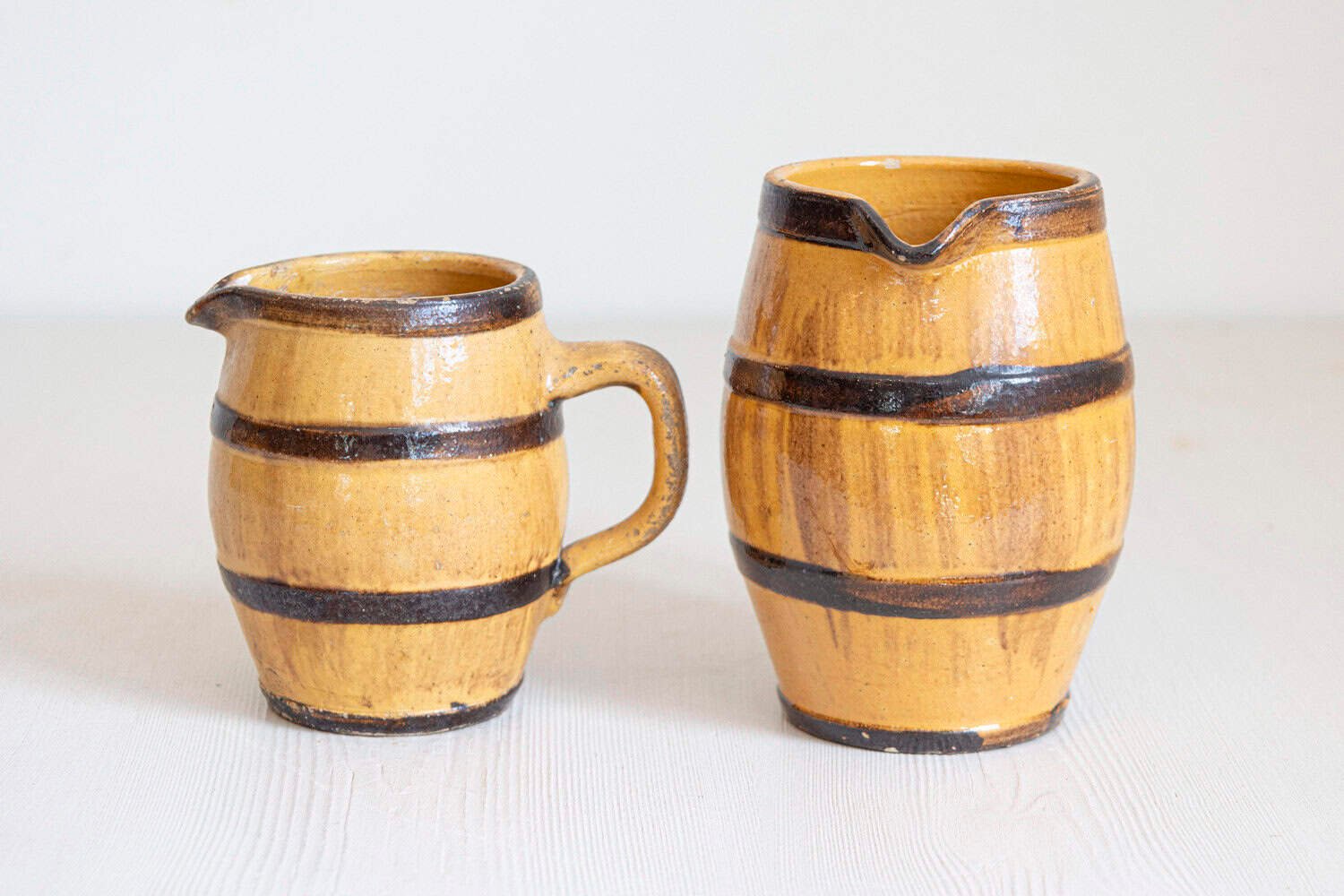 Two Rustic French 19th Century Pottery Pitchers with Yellow and Brown Glaze - JAA