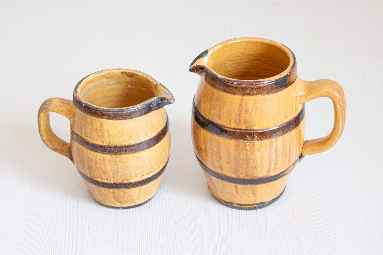 Two Rustic French 19th Century Pottery Pitchers with Yellow and Brown Glaze - JAA